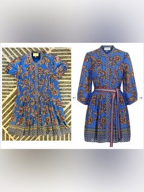 ALEXIS Medium Floral Blue Burgundy Puff Short Sleeve Pleated Mini Dress